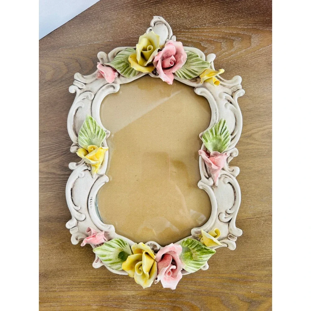 Vintage Italian Capodimonte Ceramic Rose‎ Photo Frame Ornate White Made in Italy